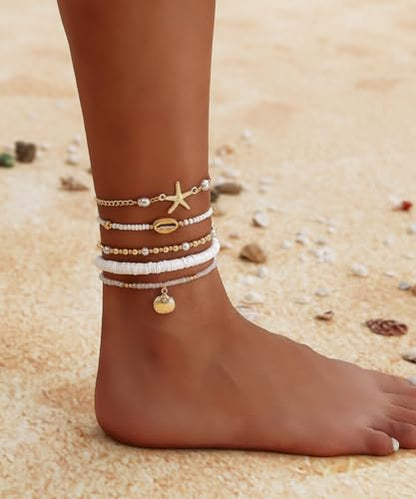 Shell Ankle Bracelet For Women Boho Beaded Seashell Starfish Conch Pearl Sea Turtle Puka Layered Gold Anklet Set Hawaiian Summer Beach Handmade Foot Jewelry Gift Set Adjustable - style: scallop