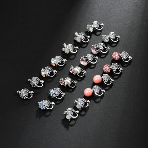 Tornito 10-15 Pairs Clip on Stud Earrings Non Pierced Teardrop Round Square CZ Pearl Twist Knot Flower Butterfly Heart Star Rainbow Cat Opal Clip on Earrings for Women - color: E: 10 Pairs