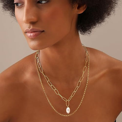 LeCalla Italian Sterling Silver Layered Necklace Handmade Multi Row Layering Necklaces for Women - color: Freshwater Pearl PaperClip Layered