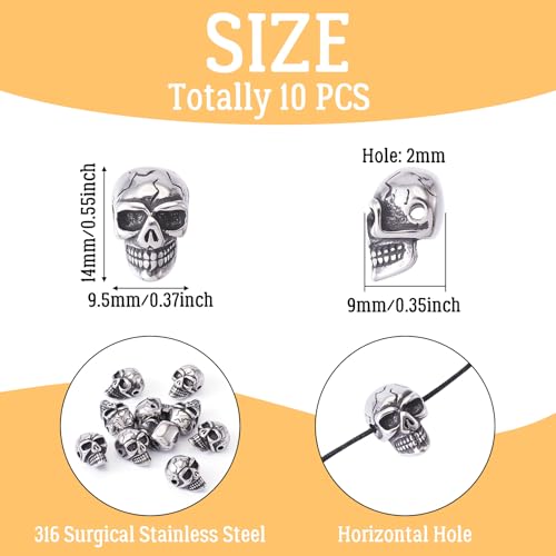 Elecrelive 10Pcs Skeleton Skull Beads Stainless Steel Skull Head Beads Halloween Charms for Gothic Necklace Bracelets Earrings Jewelry Making - color: Steel Color