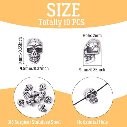 Elecrelive 10Pcs Skeleton Skull Beads Stainless Steel Skull Head Beads Halloween Charms for Gothic Necklace Bracelets Earrings Jewelry Making - color: Steel Color