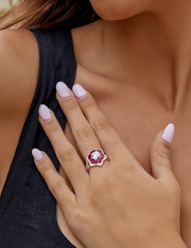 Flower Engagement Promise Ring Sterling Silver Birthstone Rings for Women Sapphire/Emerald/Ruby Gemstone Six Leaf Clover Statement Cocktail Ring Size 6 to 10 - style: 07. July-Created Ruby