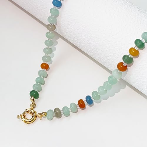 HAXIYA Colorful Beades Gemstone Necklace for Women Boho Beaded Choker | Rainbow Natural Stone Chunky Bead Surfer Summer Beach Necklaces Jewelry Hypoallergenic - color: Green