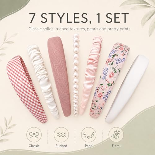 7 Pcs Cute Multi-style Headbands, Non Slip Pearl Floral Padded Wide Fashion Multi-style Headband for Women Girls
