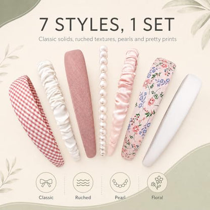 7 Pcs Cute Multi-style Headbands, Non Slip Pearl Floral Padded Wide Fashion Multi-style Headband for Women Girls