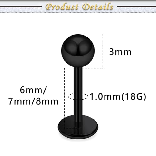 Internally Threaded Labret Studs 18G 16G 14G Surgical Steel Lip Piercing Jewelry with Claw Tool Monroe Snake Bite Jewelry Flat Back Barbell for Women Men Plus Piercing Ball Grabber Tool - color: black, size: 18g,ball end