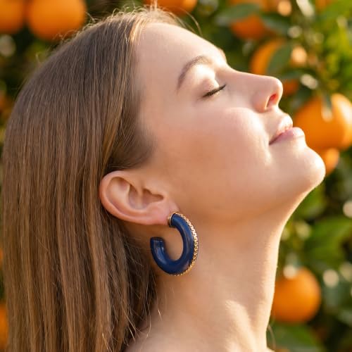 Gold Plated Resin Chunky Hoop Earrings Hypoallergenic Push Back Hoops for Sensitive Ears - color: Deep Blue