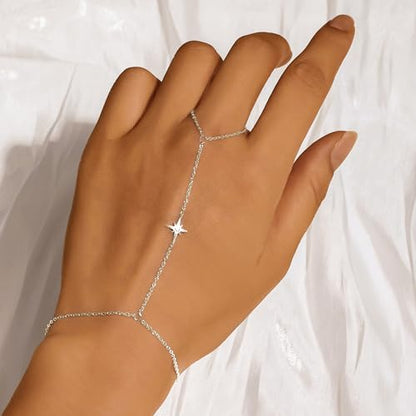 925 Sterling Silver Hand Chain Bracelet for Women | 14k Gold Plated CZ Crystal Heart Starburst Ring Bracelets Hand Chain Diamond Layered Stackable Link Chain Beach Jewelry Gifts - color: SilverA