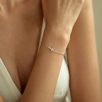 18K Gold Plated Pearl Beaded Cross Bracelets for Women Adjustable Stainless Steel Dainty Thin Gold Box Cuban Twisted Link Chain Bracelet Bridesmaid Jewelry Gifts - color: Tiny Cross-White Gold