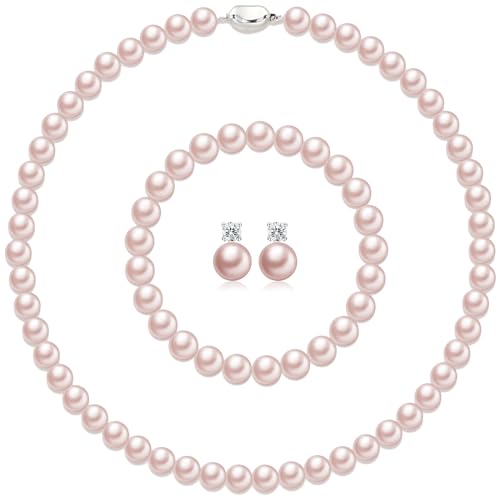 Pearl Necklaces for Women,8mm Pearl Necklace and Earring Bracelet Jewelry Set for Women Men Wedding Birthday Valentine Christmas Day Gifts - color: Pink