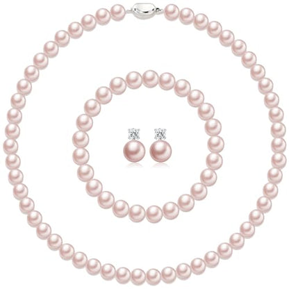 Pearl Necklaces for Women,8mm Pearl Necklace and Earring Bracelet Jewelry Set for Women Men Wedding Birthday Valentine Christmas Day Gifts - color: Pink