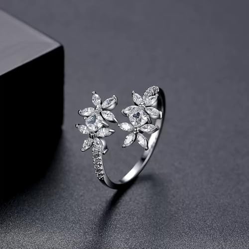 Adjustable Cubic Zirconia Ring for Women, Stackable Leaf Flower Design, Open Style