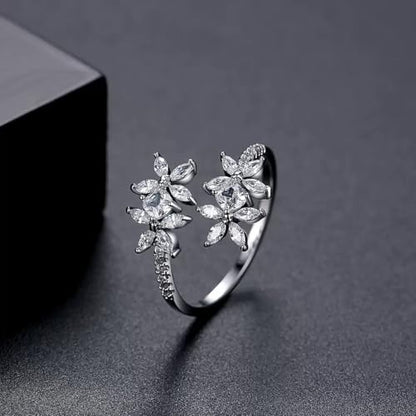Adjustable Cubic Zirconia Ring for Women, Stackable Leaf Flower Design, Open Style