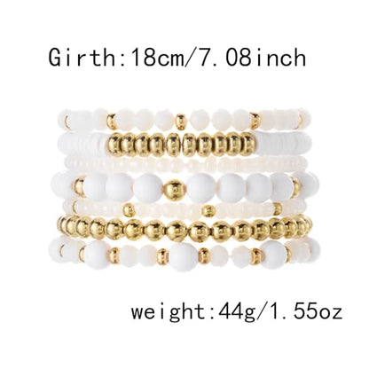 FORUBUS 7Pcs Bohemian Multilayer Stackable Beaded Bracelets Set for Women, Crystal Glass Gold CCB Beads Stretch Bracelet Pack, Summer Beach Boho Jewelry Vacation Gifts - color: White