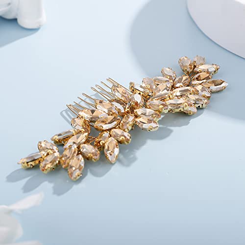 Teyglen Women Dainty Rhinestone Hair Comb - Luxurious Shiny Champagne Bridal Side Hair Accessory for Brides and Girls - color: Champagne
