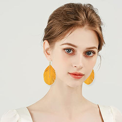 YUNXI Large Genuine Soft Leather Handmade Fringe Feather Lightweight Leaf with Simple Drop Metal Bar Tear Drop Dangle Color Earrings for Women - color: Yellow