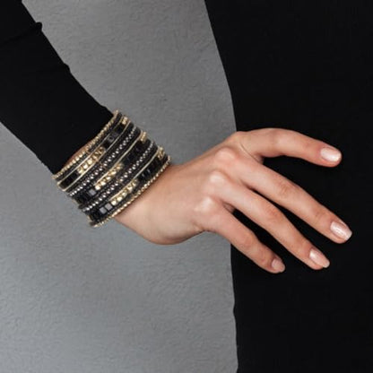 SPUNKYsoul Boho Cuff Bracelets, Women Adjustable Stackable Beaded Accessory | Adjustable Bohemian-Inspired Design, Trendy Wrist Ornament, Versatile For Occasions Or Everyday Wear, Unique Style Jewelry - style: "Blake" Black & Gold Cube