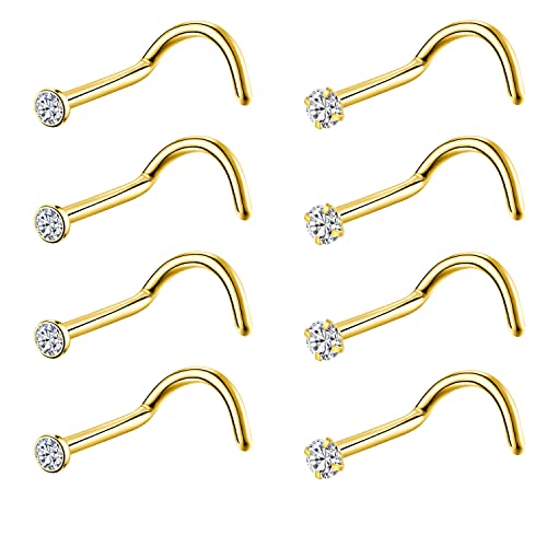 8PCS G23 Titanium Twist Screw Nose Studs 18G 20G Nose Rings 2mm 2.5mm 3mm Clear Pink Purple Aurora CZ Gold Nose Piercing Studs Nostril for Women Men - style: 20g gold clear cz 2mm
