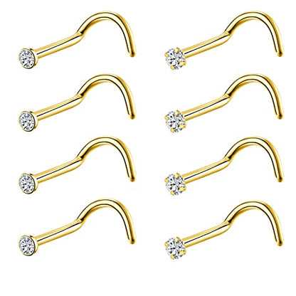 8PCS G23 Titanium Twist Screw Nose Studs 18G 20G Nose Rings 2mm 2.5mm 3mm Clear Pink Purple Aurora CZ Gold Nose Piercing Studs Nostril for Women Men - style: 20g gold clear cz 2mm