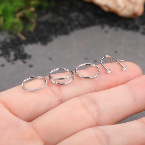 Xpircn 5pcs Hoop Nose Rings and L Shaped Nose Rings Stud Set 18G/20G Stainless Steel CZ Helix Conch Daith Tragus Cartilage Hoop Earrings for Women 6mm 7mm 8mm 10mm - color: Silver, size: 18G, 10mm hoop & 7mm studs