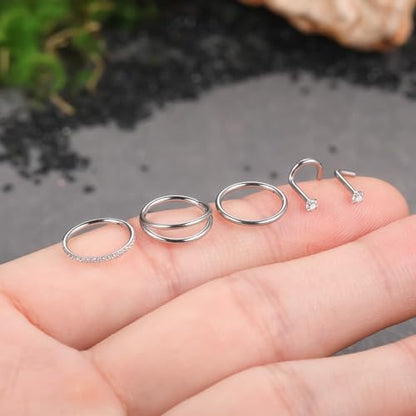 Xpircn 5pcs Hoop Nose Rings and L Shaped Nose Rings Stud Set 18G/20G Stainless Steel CZ Helix Conch Daith Tragus Cartilage Hoop Earrings for Women 6mm 7mm 8mm 10mm - color: Silver, size: 18G, 10mm hoop & 7mm studs