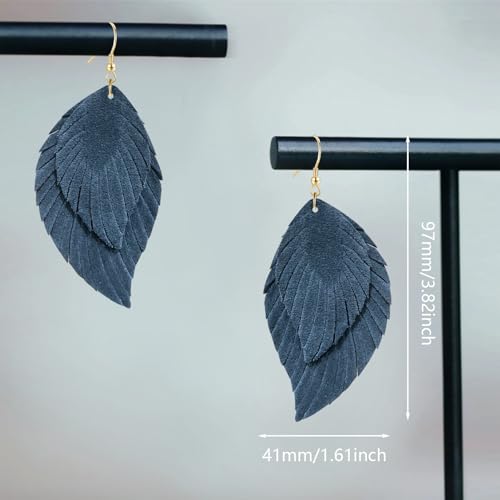 Genuine Leather Handmade Fringe Feather Lightweight Dangle Drop Earrings Teardrop Tassel Hook Earrings for Women - style: 5 Blue