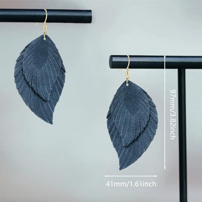 Genuine Leather Handmade Fringe Feather Lightweight Dangle Drop Earrings Teardrop Tassel Hook Earrings for Women - style: 5 Blue
