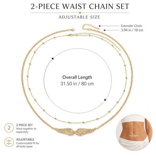 Angel Wings Waist Chain for Women Gold Layered Belly Chain Dainty Waist Jewelry Beach Body Jewelry Summer Outfit Accessories - color: A1:gold waist chain