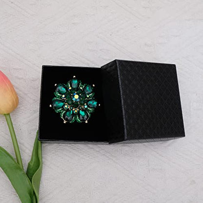 Flower Shape Crystal Cocktail Stretch Ring Party Prom Floral Statement Elastic Ring for Women - color: 2RI255-emerald-gold tone