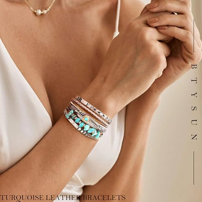 Bracelets for Women, Gifts for Mom Her Christmas Gift 2026 Leather Bracelets for Women Birthday Gift for Daughter Inspirational Wrap Bracelet Sister Friend Teen Girl Gift Layered Stocking Stuffers Jewelry - style: Silver-Turquoise