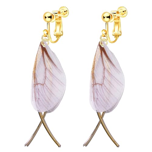 Clip on Crystal Butterfly Wing Drop Dangle Earrings for Women, Non Pierced, Multicolored Moth Butterfly Earrings, Pearl Tassel Jewelry Pink Blue Green - color: Pink B