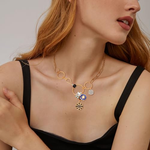 Charm Necklace for Women Gold Evil Eye Sun Moon Flower Coin Pendant Necklace Dainty Paperclip Chain Vintage Luck Amulet Choker Necklaces Celestial Jewelry Gift - style: Chunky Evil Eye, Flower