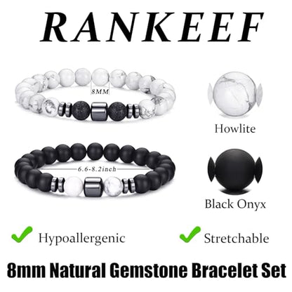 Mens Beaded Bracelets Set 8MM Tiger Eye Lava Stone Stretch Natural Stone Men's Bead Bracelet Mens Bracelet - color: 2, Black, White Bracelet