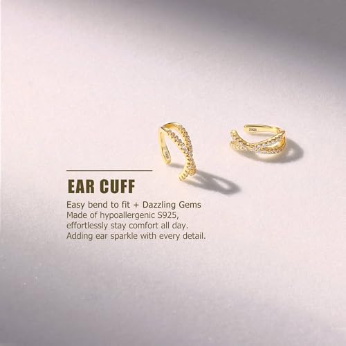 Sterling Silver Ear Cuffs Non Piercing Fake Conch Cuff Earrings for Women | 2 Pcs Adjustable Hypoallergenic Clip On Cartilage Helix Earrings with 5A Cubic Zirconia, 16K Gold Plated/Silver/Rose Gold - color: Gold