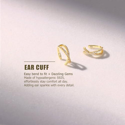 Sterling Silver Ear Cuffs Non Piercing Fake Conch Cuff Earrings for Women | 2 Pcs Adjustable Hypoallergenic Clip On Cartilage Helix Earrings with 5A Cubic Zirconia, 16K Gold Plated/Silver/Rose Gold - color: Gold