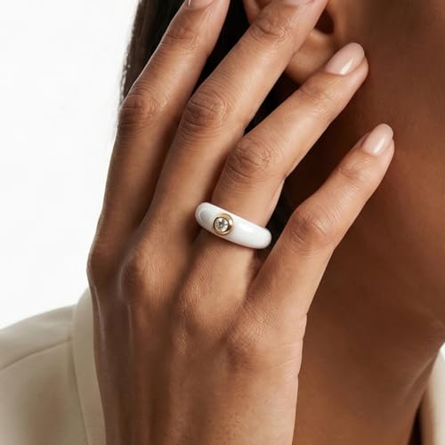 Women's Ceramic Wedding Band & Engagement Ring, Black/White - color: White&Silver