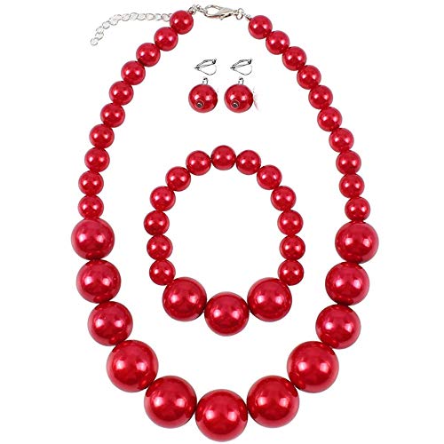 Bridal Wedding Faux Pearl Statement Necklace and Clip on Earrings Bracelet Jewelry Sets Women Bib Choker Necklace - color: Red-Necklace+Bracelet+Clip Earrings