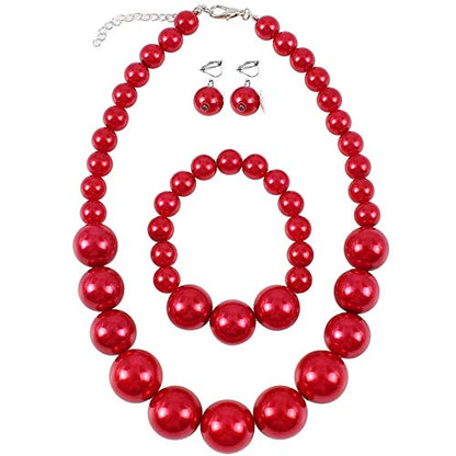Bridal Wedding Faux Pearl Statement Necklace and Clip on Earrings Bracelet Jewelry Sets Women Bib Choker Necklace - color: Red-Necklace+Bracelet+Clip Earrings