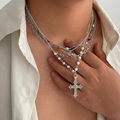 Cross Necklace for Women Gold Layered Long Cross Pendant Necklace Pearl Lariat Statement Necklaces Christian Gifts - color: C2:silver