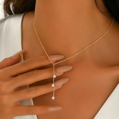 925 Sterling Silver Lariat Necklace for Women | Cubic Zirconia Long Necklace 14k Gold Plated Trendy Y Shape Drop Pendant Necklace for Mother Daughter Birthday Jewelry Gifts - color: Gold