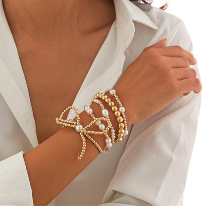COLORFUL BLING Bow Bowknot Faux Pearl Beaded Ball Stretch Bracelet for Women Friend Jewelry Gift Adjustable Stackable Bracelet - color: A bow gold