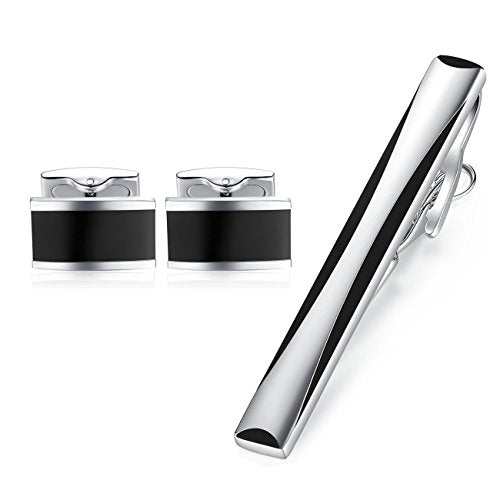 HONEY BEAR Silver Black Rectangle Cufflinks Tie Clips Set for Men Wedding | Business, Tarnish-Resistant, Steel-Plated Copper Base, Gift Box, for Groomsmen, Father, Husband, Anniversary, Formal Events
