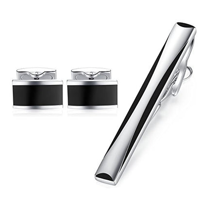 HONEY BEAR Silver Black Rectangle Cufflinks Tie Clips Set for Men Wedding | Business, Tarnish-Resistant, Steel-Plated Copper Base, Gift Box, for Groomsmen, Father, Husband, Anniversary, Formal Events