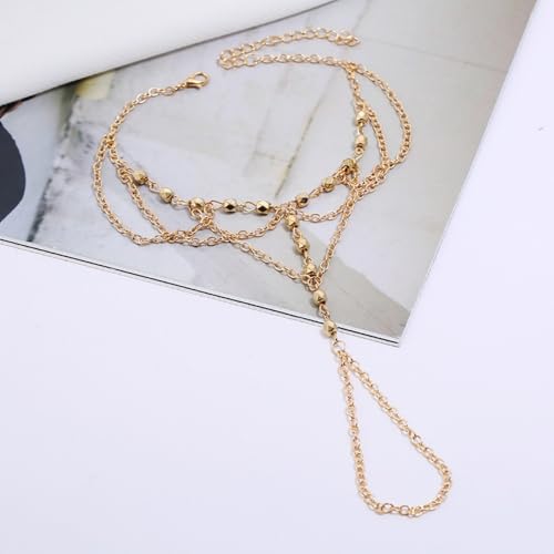Kokoma Beaded Barefoot Sandal Anklet for Women Multi-Layered Link Tassel Anklet with Toe Ring Wedding Beach Foot Chain Fashion Jewelry - color: Gold