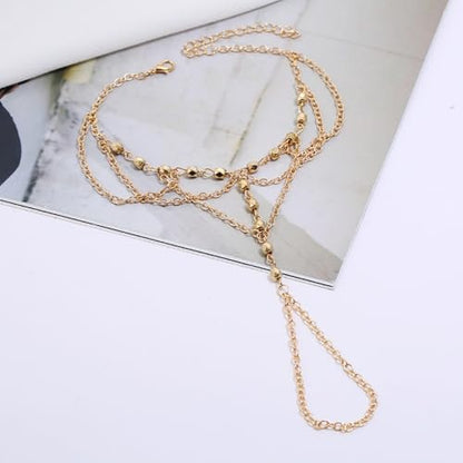Kokoma Beaded Barefoot Sandal Anklet for Women Multi-Layered Link Tassel Anklet with Toe Ring Wedding Beach Foot Chain Fashion Jewelry - color: Gold