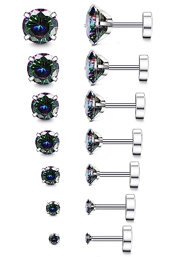 Fansilver 20G Hypoallergenic Flat Back Earrings for Women Men Silver 14K Gold Stainless Steel Stud Earrings Birthstone Cubic Zirconia Studs Surgical Steel Cartilage Earrings for Sensitive Ears - color: Black