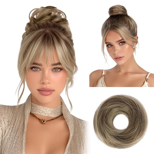 RUWISS 100% Human Hair Bun Small Messy Bun Hair Piece, One Hairpiece Two Styles Mini Natural Looking Scrunchies Updo for Daily, Hair Buns for Women Ponytail Extension (Brown Mixed Light Blond) - color: 4/613# Brown Mixed Light Blond