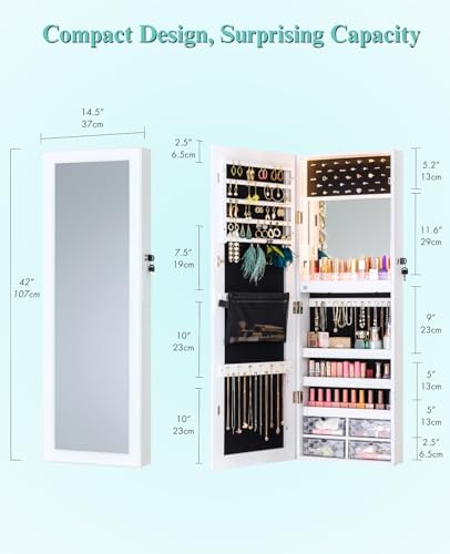 LUXFURNI Wall & Door‑Mounted Storage Jewelry Armoire Cabinet with Mirror | Built‑in LED Mirror, Acrylic Lipstick Tray, 4 Clear Drawers, Large Velvet‑Lined Storage, Full Length Mirror Lockable - style: Square Shaped White