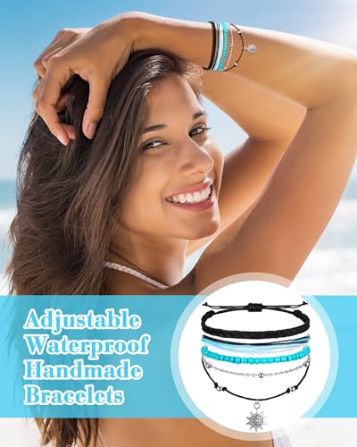 Hicarer 21 PC Surfer Wave Friendship Bracelet Set Waterproof Adjustable Boho Beach String Anklets Bulk, Summer Gift for Women - style: Black Series
