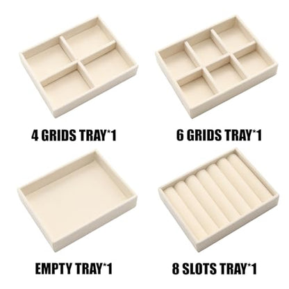 Small Jewelry Tray Set 4 Pcs Beige Velvet Stackable Jewelry Organizer Tray Mini Jewelry Drawer Organizer for Necklace Ring Earrings Jewelry (4 Styles) - color: Beige